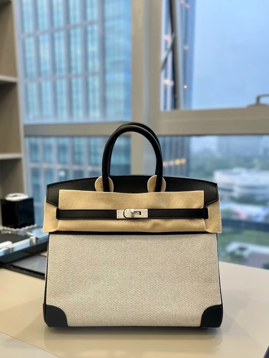 Hermes Birkin 25 Black Swift Leather & Toile Retourne Handbag Palladium Hardware